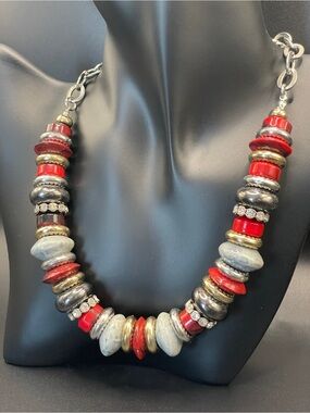 Chunky Mixed Media Statement Necklace Red Silver Gold Rhinestone Boho Heavy NOS